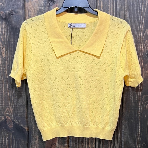 Zara Cropped Polo Top M Yellow Eyelet Short Sleeves Collared Academia Preppy - Picture 1 of 9